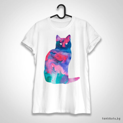 Уникална памучна тениска с котка Щампа: котка в розово и тюркоаз