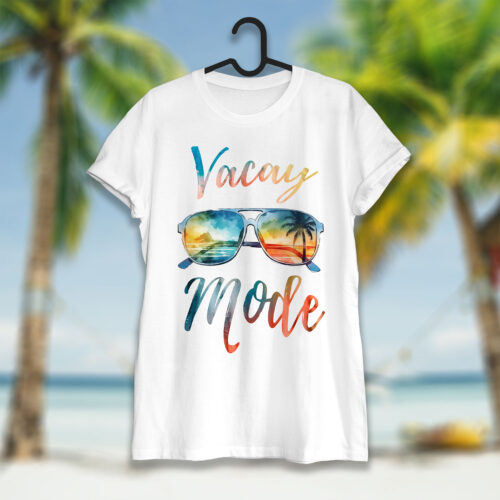 Тениска с очила между думите Vacay Mode, бял органичен памук