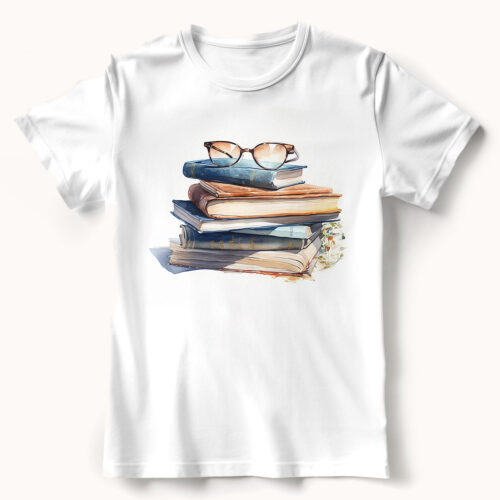 Лятна тениска с книги за плажа Тениска с купчина книги и очила