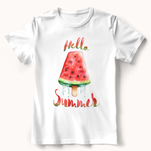 Тениска с диня на клечка и надпис Hello Summer