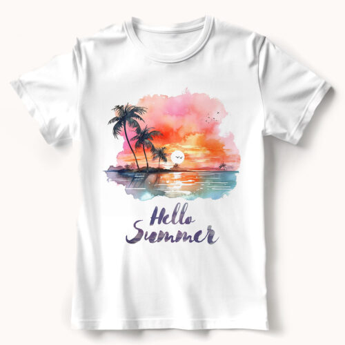 Тениска с Летен залез Тениска с морски залез и надпис Hello Summer
