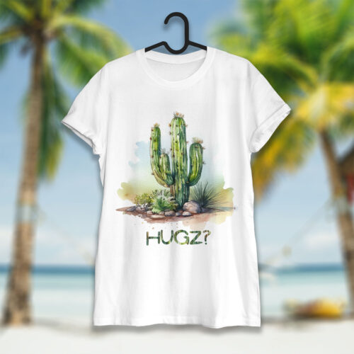 Тениска с кактуси и надпис Hugz, бял органичен памук