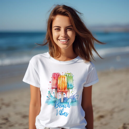 Тениска със сладоледи и надпис Beach Vibes, бял органичен памук