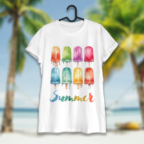 Тениска със сладоледи на клечка и надпис Summer, бял органичен памук