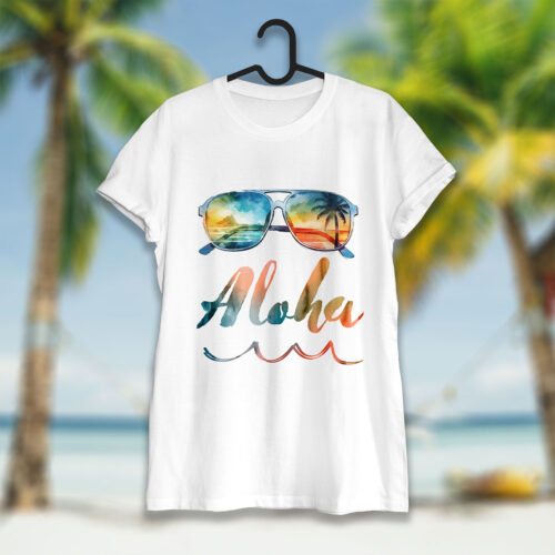 Тениска със слънчеви очила и надпис Aloha, бял органичен памук
