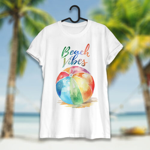 Тениска с плажна топка и надпис Beach Vibes, бял органичен памук