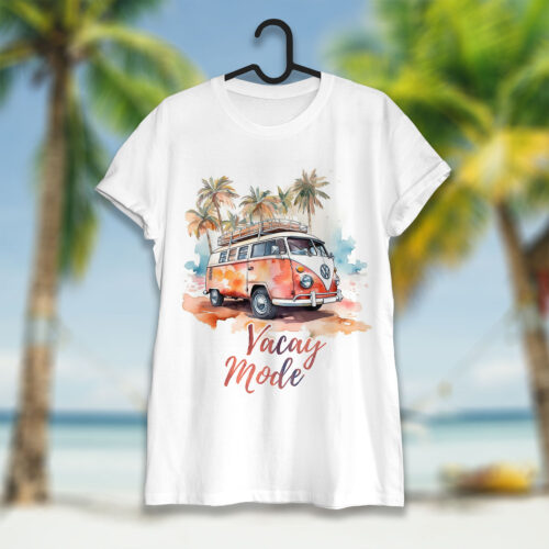 Тениска с оранжев бус и надпис Vacay Mode, бял органичен памук