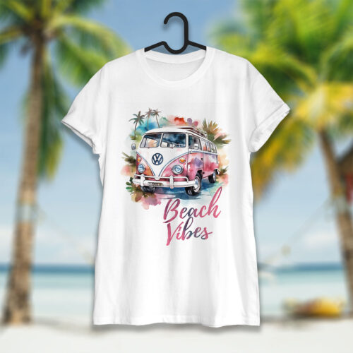 Тениска с ретро бус и надпис Beach Vibes, бял органичен памук