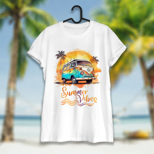 Тениска с кемпер бус и надпис Summer Vibes, бял органичен памук