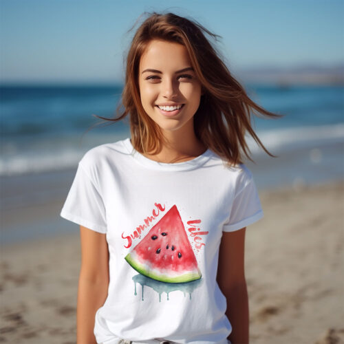 Тениска с диня и надпис Summer Vibes, бял органичен памук