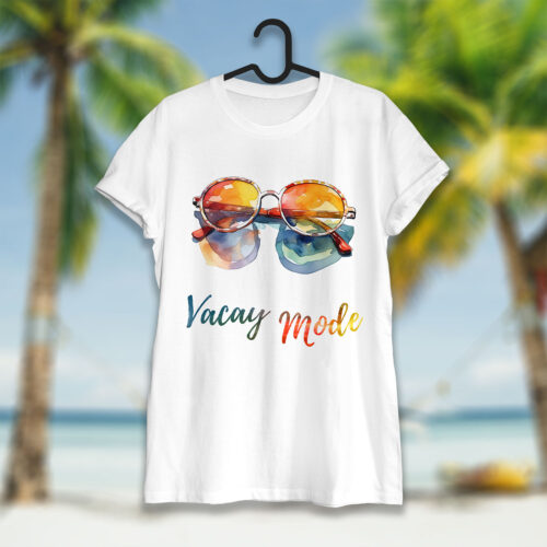 Тениска със слънчеви очила и надпис Vacay Mode, бял органичен памук