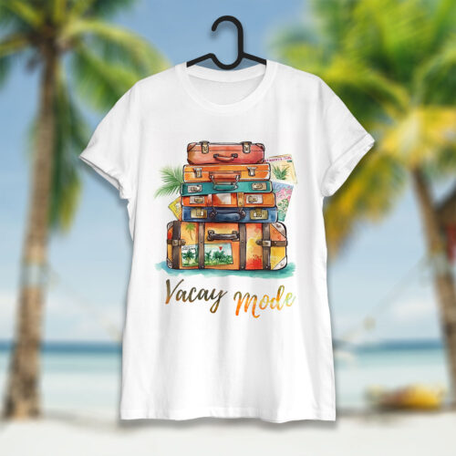 Тениска с куфари и надпис Vacay Mode, бял органичен памук