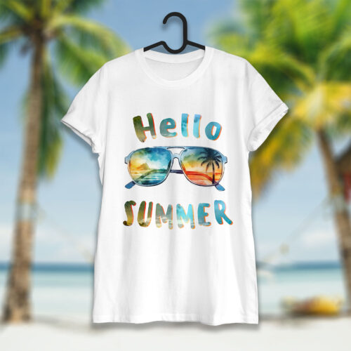 Тениска със слънчеви очила и надпис Hello Summer, бял органичен памук