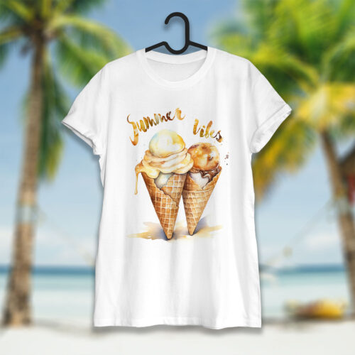 Тениска със сладоледи и надпис Summer Vibes, бял органичен памук