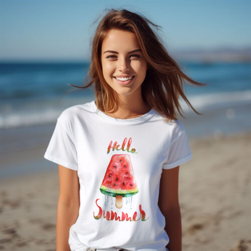 Тениска с диня на клечка и надпис Hello Summer, бял органичен памук