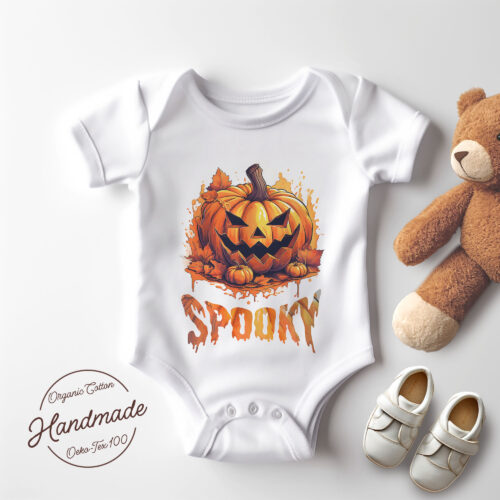 Тениска за Хелоуин с тикви и надпис Spooky, бял органичен памук