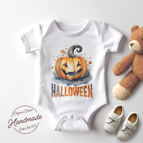 Тениска за Хелоуин с тиква и надпис Halloween, бял органичен памук