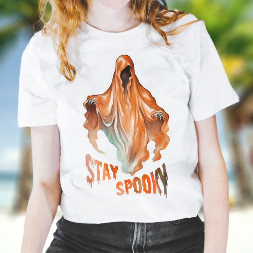 Тениска за Хелоуин с призрак и надпис Stay Spooky, бял органичен памук