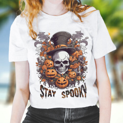 Тениска за Хелоуин с череп и надпис Stay Spooky, бял органичен памук