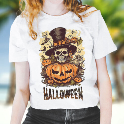 Тениска за Хелоуин с череп с цилиндър и надпис Halloween, бял органичен памук