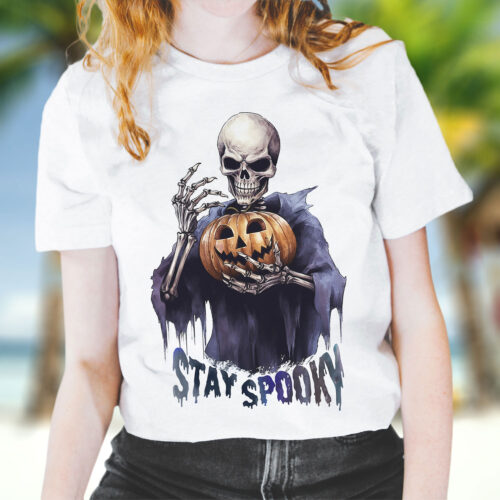 Тениска за Хелоуин със скелет и надпис Stay Spooky, бял органичен памук