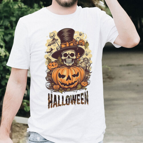 Тениска за Хелоуин с череп с цилиндър и надпис Halloween