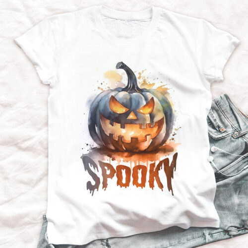Тениска за Хелоуин с тиква и надпис Spooky, бял органичен памук