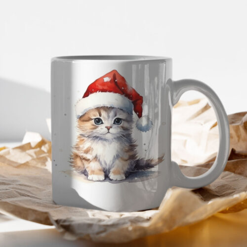 Чаша за Коледа с котенце с червена шапка