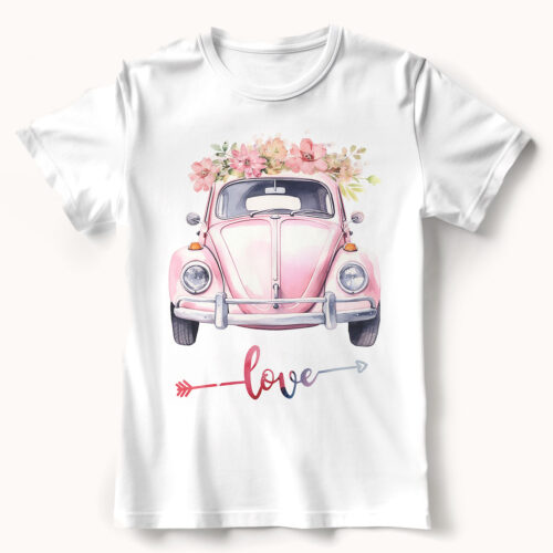 Тениска с розова ретро кола с цветя и надпис Love