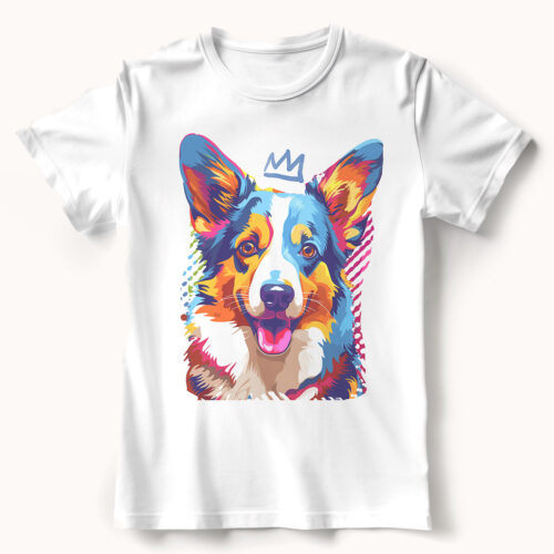 Cardigan_Welsh_Corgi WB0363 22 Тениска с корги с корона, поп арт в синьо