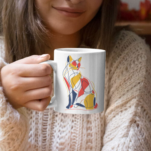 Чаша с котка, геометричен line art, керамична чаша 330 мл