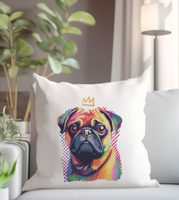 Pug WB0395 17 Възглавница с мопс с корона, поп арт в неонови цветове, калъфка 50х50 см