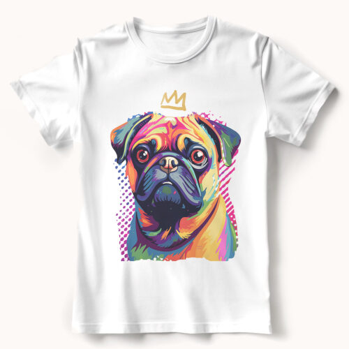 Pug WB0395 22 Тениска с мопс с корона, поп арт в неонови цветове
