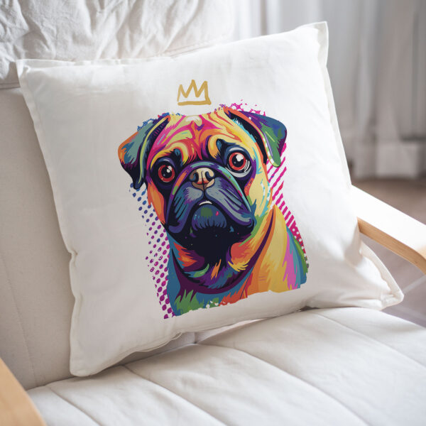 Pug WB0395 23 Възглавница с мопс с корона, поп арт в неонови цветове