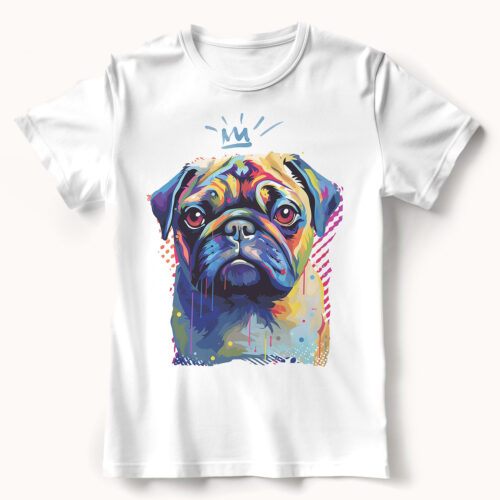Pug WB0396 22 Тениска с мопс с корона, поп арт в синьо