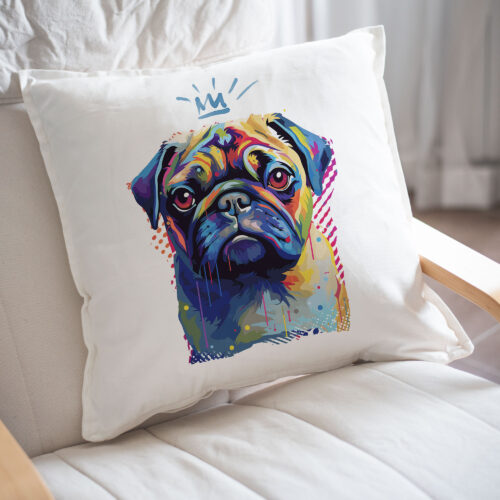 Pug WB0396 23 Възглавница с мопс с корона, поп арт в синьо