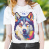 Siberian Husky WB0385 19 Тениска със сибирско хъски с корона, поп арт, бял органичен памук