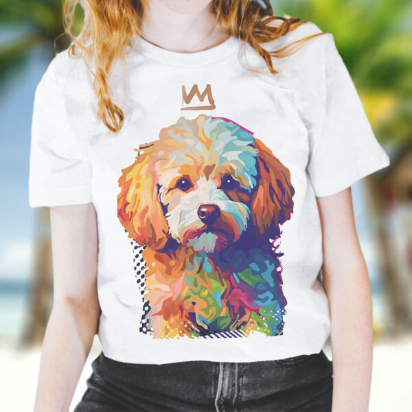Toy Poodle WB0382 19 Тениска с пудел с корона, поп арт в топли тонове, бял органичен памук