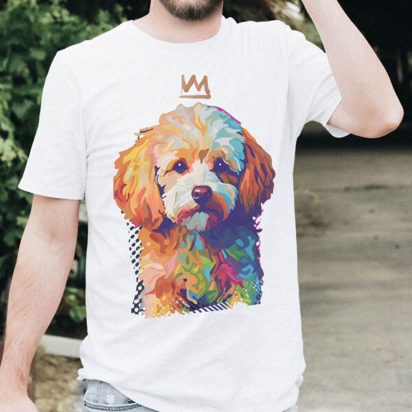 Toy Poodle WB0382 20 Тениска с пудел с корона, поп арт в топли тонове, детайл от щампата