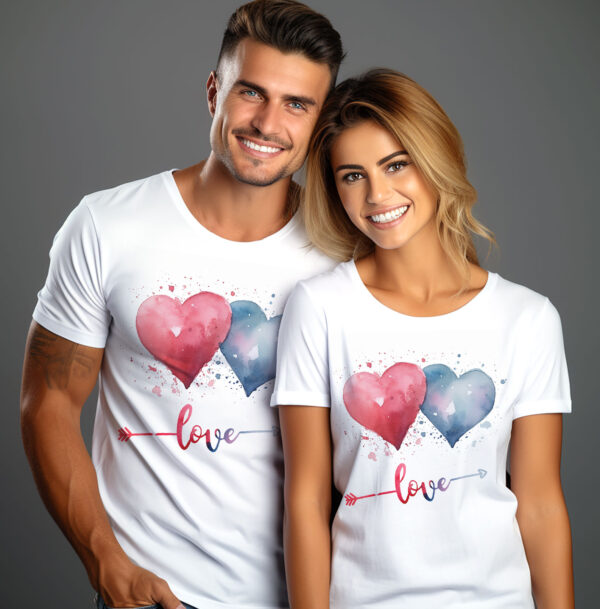 Уникална тениска за Свети Валентин със сърца Тениска с две сърца и надпис Love, бял органичен памук