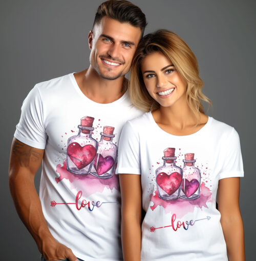 Тениска с шишенца със сърца и надпис Love, бял органичен памук