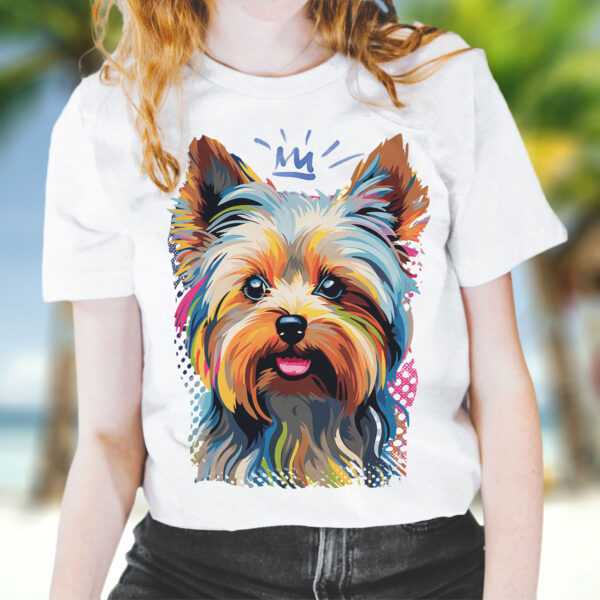 Yorkshire_Terrier WB0379 19 Тениска с йоркширски териер с корона, портрет в поп арт, бял органичен памук