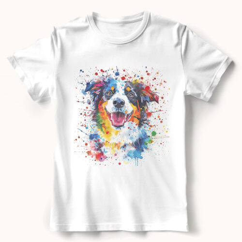 Australian Shepherd WB0716 23 Тениска с австралийска овчарка, ярък цветен акварел