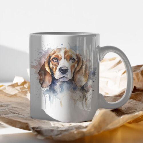 Beagle dog WB0471 13 Чаша с бигъл, акварелен портрет