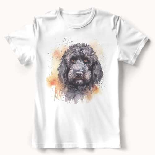 Black Russian Terrier WB0476 21 Тениска с черен руски териер, акварел с охра