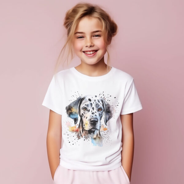 Dalmation WB0532 11 Тениска с далматинец, акварел с цветни пръски, детайл от щампата