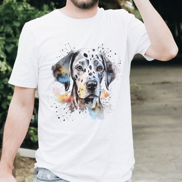 Dalmation WB0532 19 Тениска с далматинец, акварел с цветни пръски, бял органичен памук