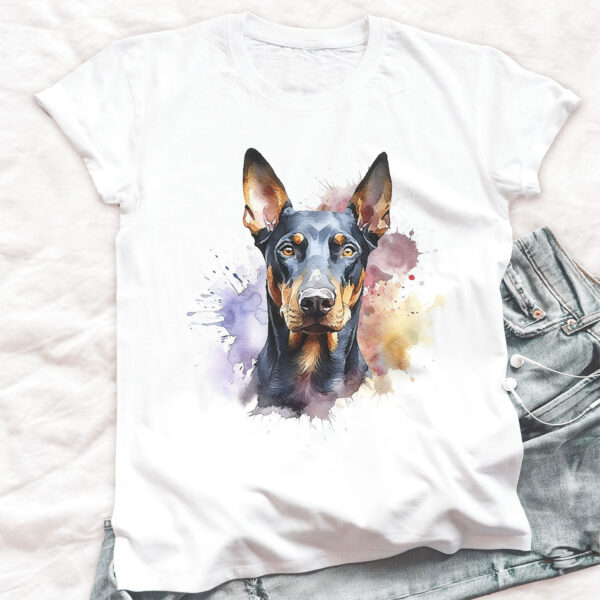 Doberman WB0535 20 Доберман, акварелен портрет с изправени уши върху бял памук
