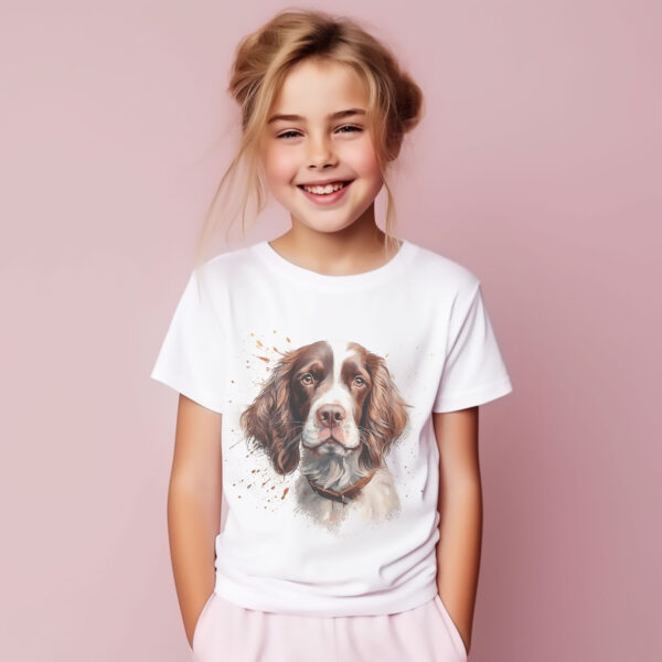 English Springer Spaniel WB0541 11 Тениска с английски спрингер шпаньол в кафяво, акварел, детайл от щампата