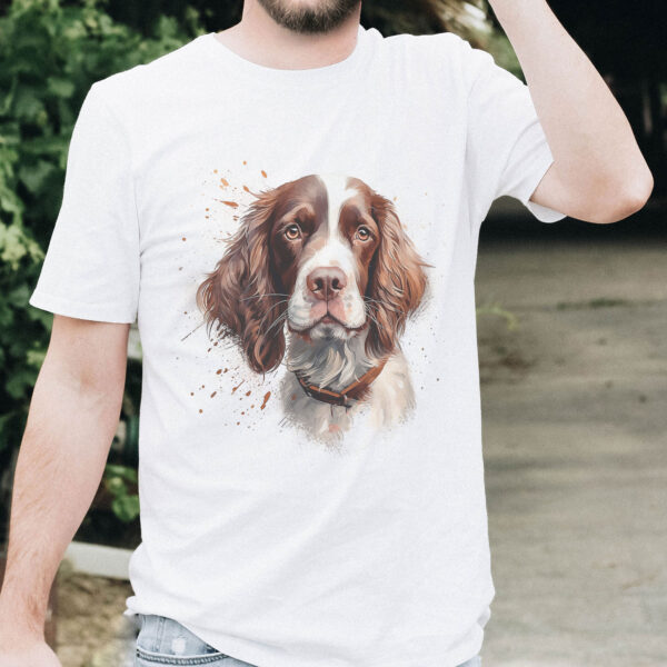 English Springer Spaniel WB0541 19 Тениска с английски спрингер шпаньол в кафяво, акварел, бял органичен памук
